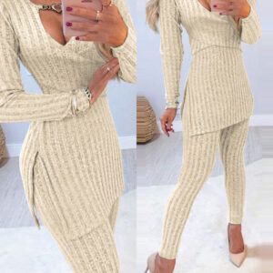Heart Chain Decor Crisscross Slit Ribbed Top & Skinny Pants Set