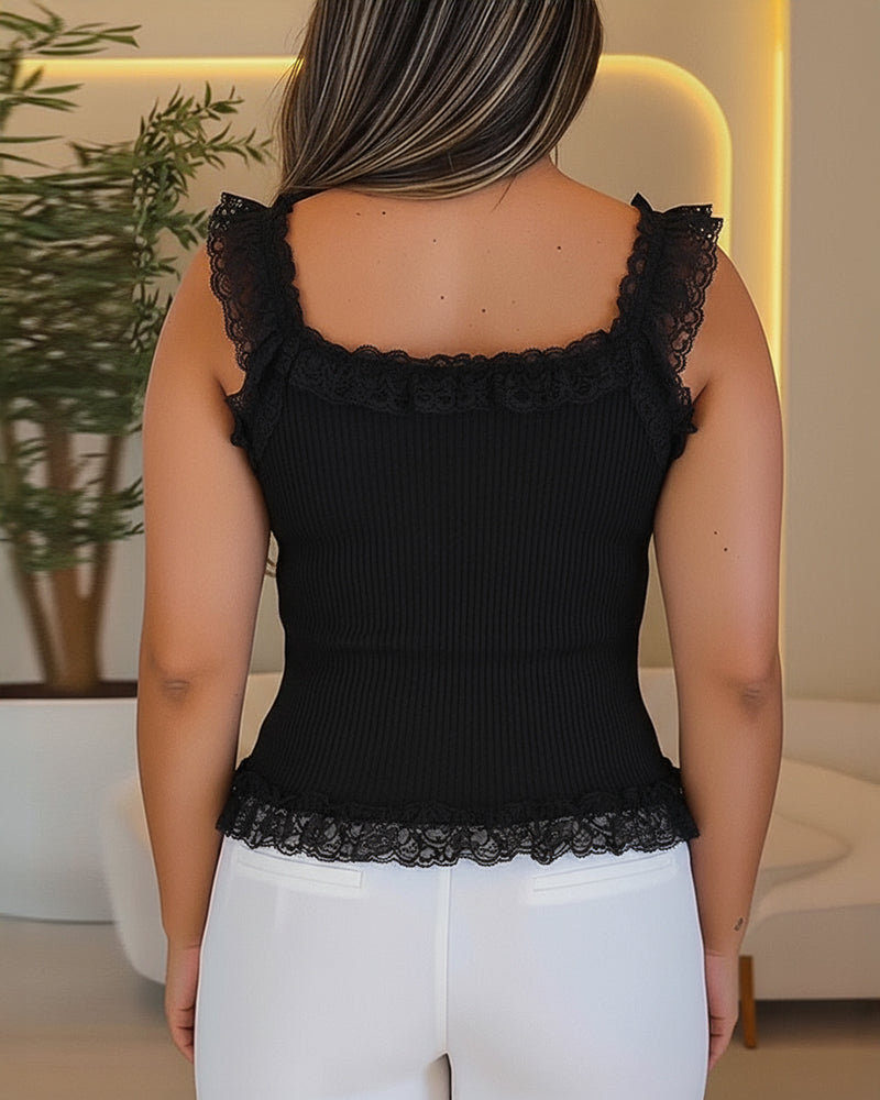 Contrast Lace Sleeveless Square Neck Crop Tank Casual Frill Hem Metal Button Decor Ribbed Knit Top - Image 13
