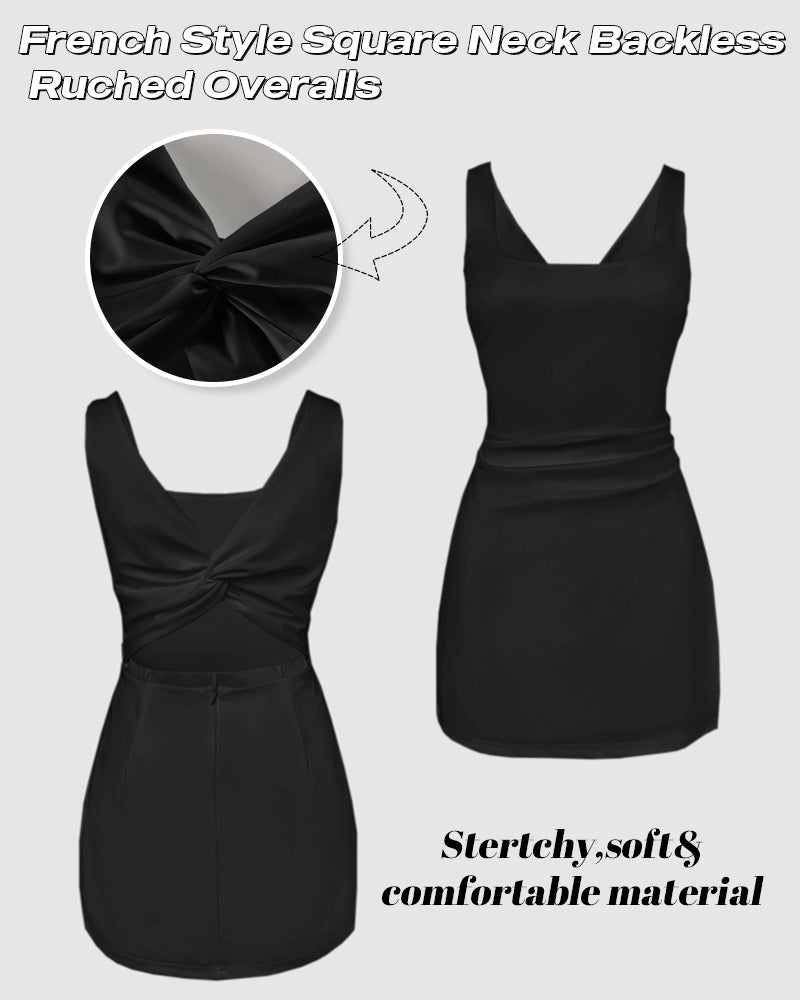 French Style Square Neck Backless Zipper Back Overalls Twist Back Ruched Slim Fit Slit Faux Two-Piece Skort Romper - Image 13