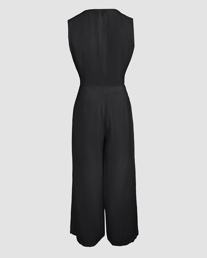 Women's Two Piece Outfits Faux Two Piece Sleeveless Crop Top and High Waisted Wide Leg Pants Elegant Matching Suit - Image 16