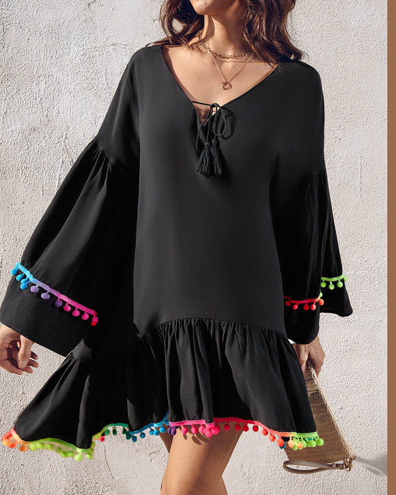 Colorblock V-Neck Bell Sleeve A Line Tassel Mini Dress Vacation Dress - Image 4