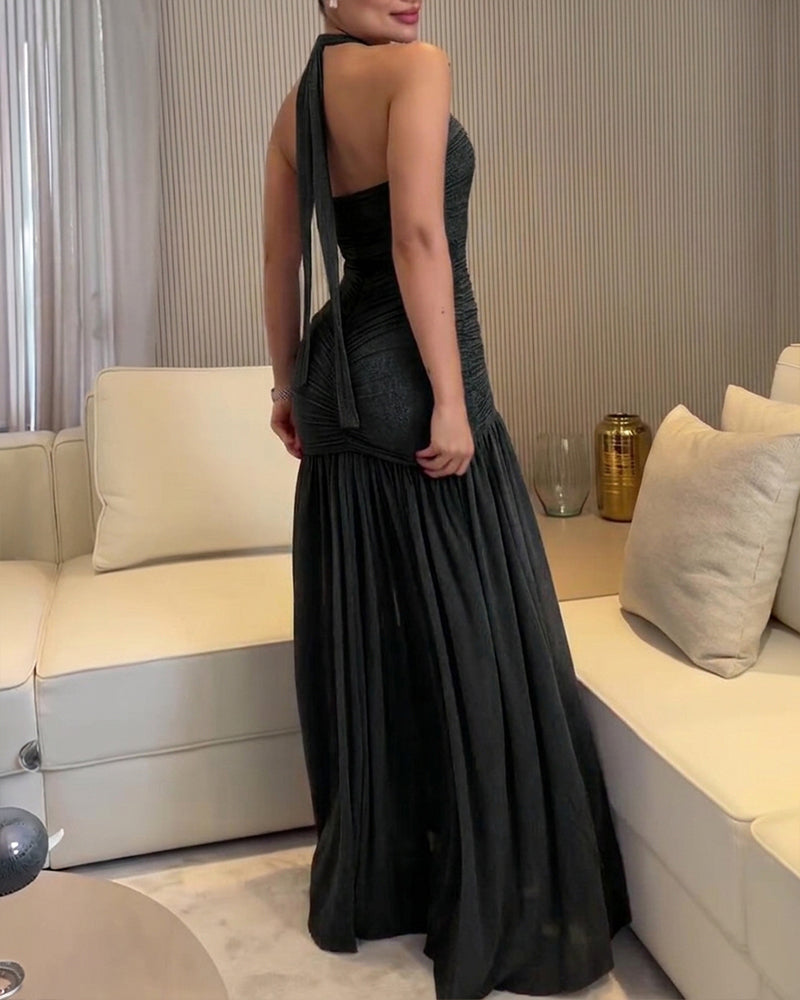 Women's Ruched Halter Tie Maxi Dress Elegant Backless High Slit Mermaid Hem Evening Party Gown - Image 8