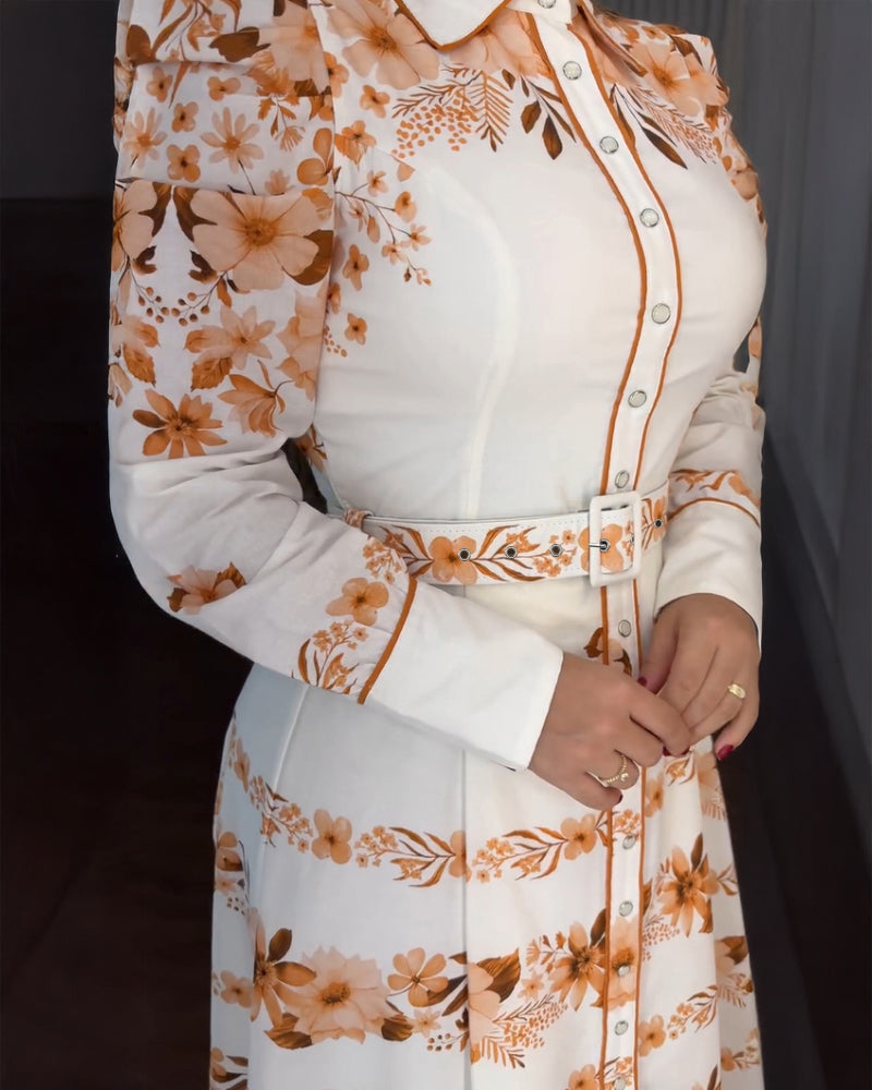 Floral Placement Print Turn-down Collar Puff Sleeve Vacation Dress Casual Button Down Shirt Dress With Belt and Lining - Image 5