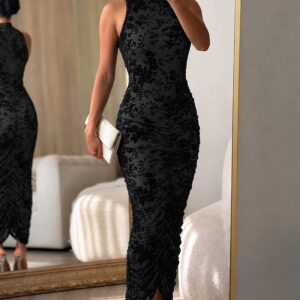 Women's Flocking Floral Mesh Midi Dress Mock Neck Sleeveless Ruched Bodycon Dress Sheer Overlay Cocktial Party Dress