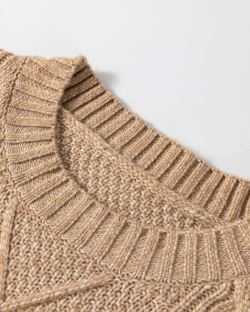 Round Neck Long Sleeve Drop Shoulder Pullover Sweater Casual Loose Fit Cable Knit Mid Length Sweater - Image 6