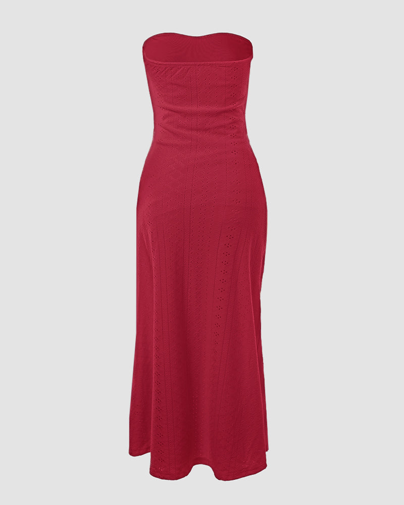 Sleeveless Ruched Cinched Waist Draped Bandeau Dress Eyelet Embroidery Slit Asymmetrical Hem Vacation Dress - Image 6