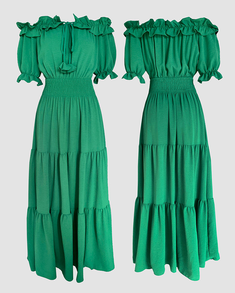 Off Shoulder Short Sleeve Frill Hem Lace Up Dress Casual Strechy Waist Flared Maxi Dress - Image 4