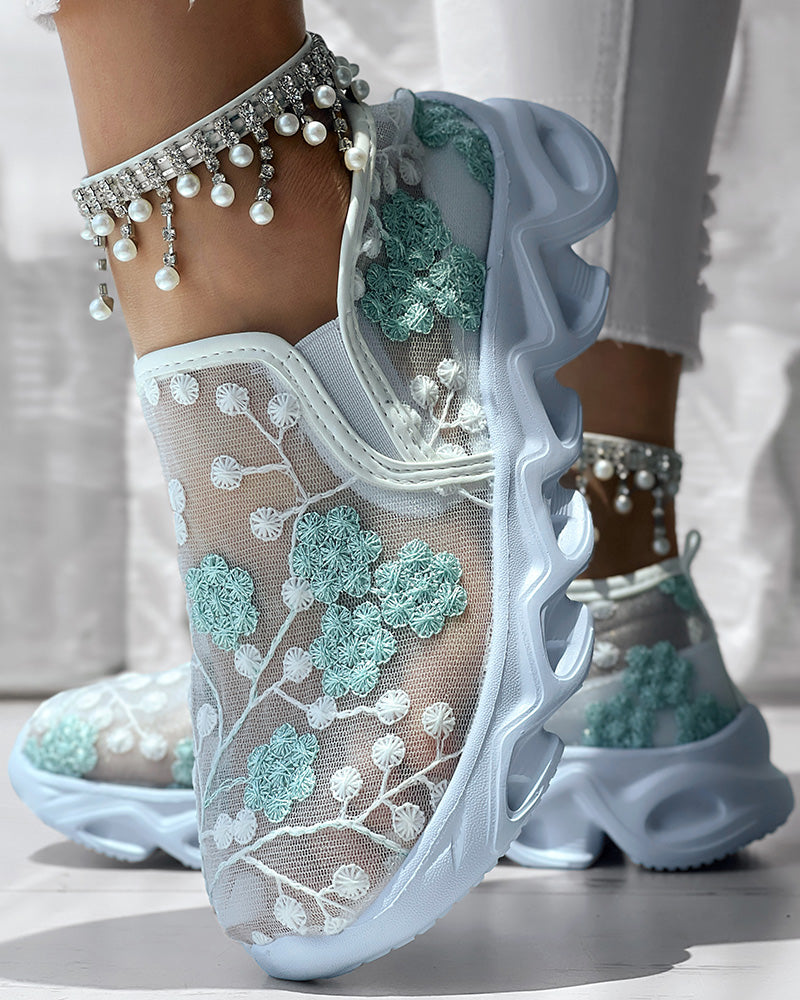 Floral Pattern Sheer Mesh Patch Round Toe Sneakers - Image 20