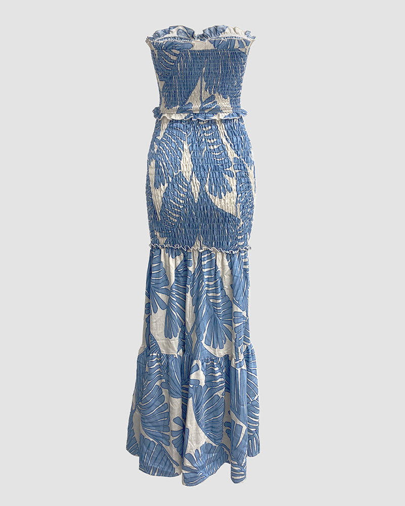 Tropical Print Halter Tie Shirred Frill Trim Cinched Waist Vacation Dress Ruched Cutout Front Slim Fit Ruffle Hem Mermaid Dress - Image 7