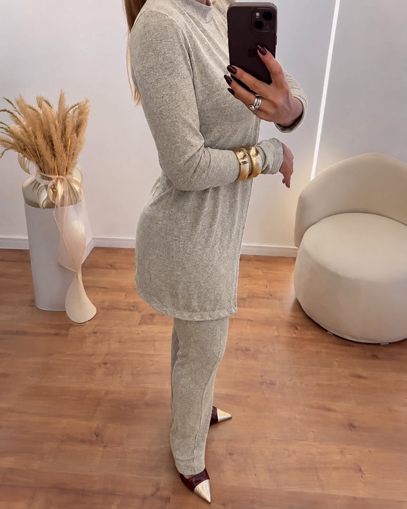 Women's 2 Piece Knit Outfits Mock Neck Long Sleeve Asymmetrical Longline Top and Straight Leg Pants Set - Image 3