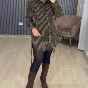 Women's Striped Shirred Back Shirt Dress Ruched Side Drawstring Long Sleeve Button Down Mini Dress