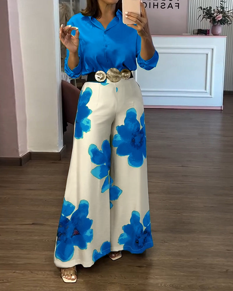 2 Pieces Outfit Long Sleeve Satin Blouse and Casual Floral Print High Waist Wide Leg Pants Set - Image 11
