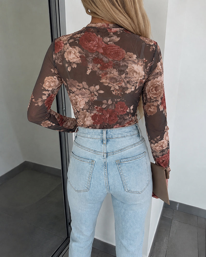 Women's Vintage Floral Print Sheer Mesh Top Long Sleeve Slim Fit Crewneck Layering Top with Thumb Hole Cuffs - Image 2