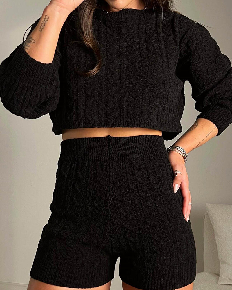 2 Piece Crewneck Long Sleeve Cable Knit Crop Sweater High Waist Shorts Tracksuits Outfits - Image 14