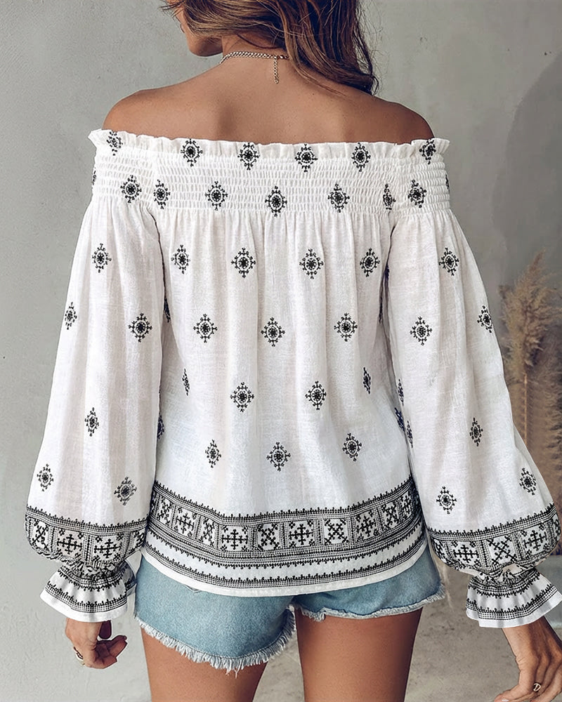 Vintage Tribal Placement Print Shirred Off Shoulder Flared Cuffs Blouse Casual Frill Trim Boho Top - Image 2