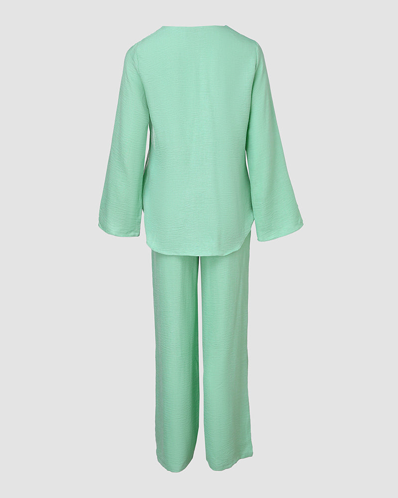 2 Piece Notch Neck Long Sleeve Asymmetrical Hem Tops Stretchy Waist Straight Leg Pants Lounge Sets Tracksuit - Image 12