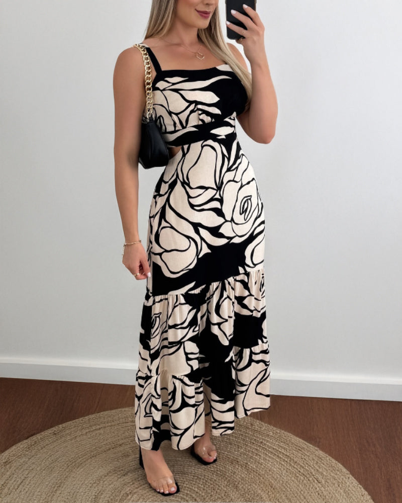 Floral Print Adjustable Straps Cutout Waist Shirred Backless Maxi Dress Casual Elastic Back Waist Ruffle Hem Vacation Dress - Image 3