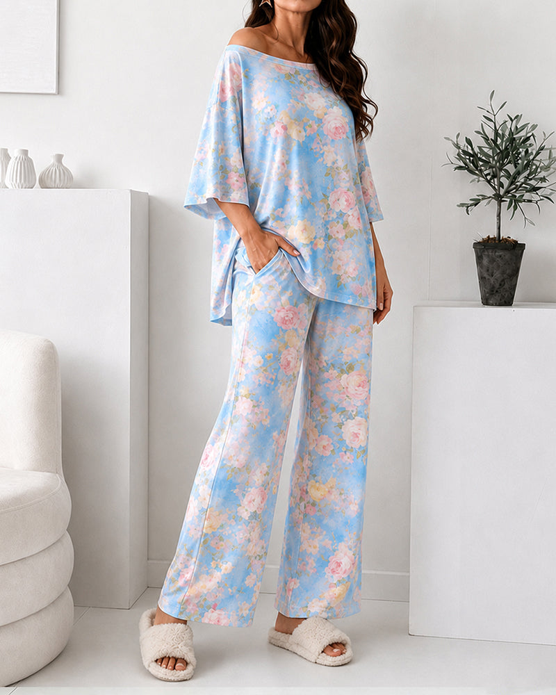 Women's 2 Piece Floral Print Pajama Set Half Sleeve Side Slit Top and Straight Leg Pants Casual Loungewear - Image 3