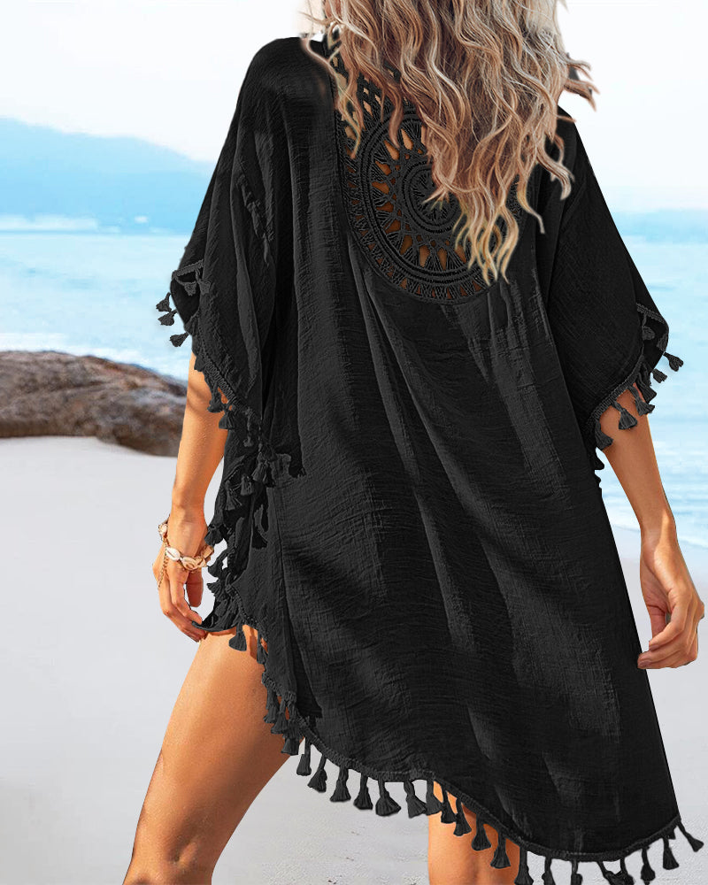 Women's Front & Back Reversible Beach Cover Up Crochet Lace Hollow Out Spliced Tassel Vacation Caftan Dress - Image 22