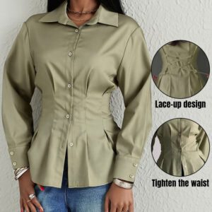 Turn-down Collar Long Sleeve Button Front Blouse Casual Back Criss Cross Tied Detail Fishtail Shirt