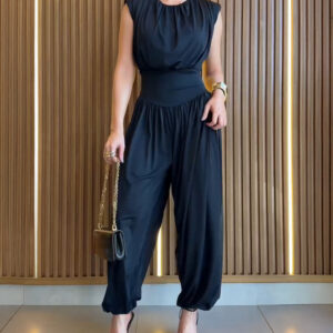 Padded Shoulders Sleeveless Cinched Waist Side High Slit Overalls Casual Hollow-out Back Ruched Jumpsuit