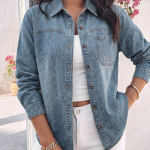 Women's Rhinestone Denim Jacket Washed Button-Down Shacket Sparkling Loose Fit Long Sleeve Casual Outerwear