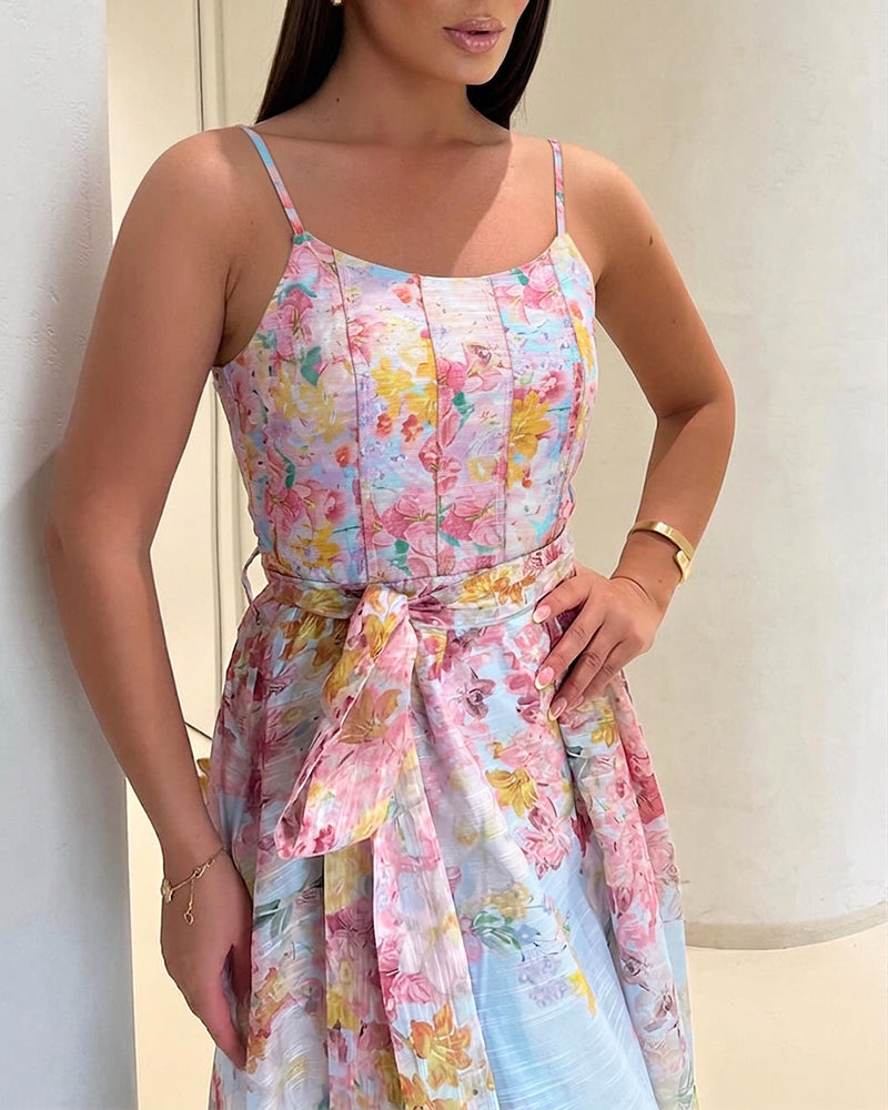 CHICME Women's Watercolor Floral Cami Dress Adjustable Straps High Waist A-Line Maxi Dress with Matching Belt - Image 7