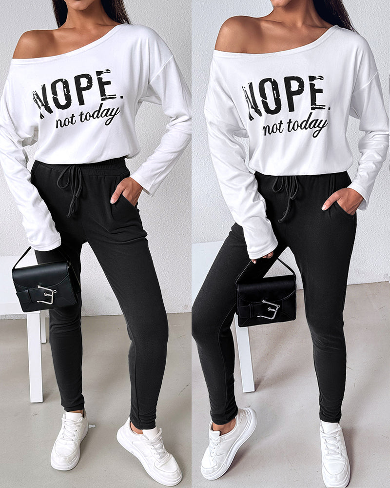 2 Pieces Outfit Nope. Not Today Slogan Print Skew Neck Long Sleeve Pullover Top And Casual Drawstring Stretchy Waist Slim Fit Pants Set - Image 9