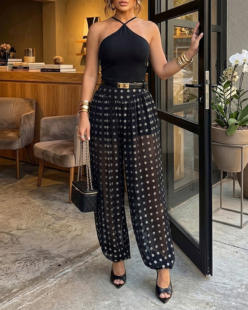 CHICME Women's Polka Dot Sheer Lantern Pants High Waist Loose Fit Harem Pants Vintage See-Through Trousers with Lining - Image 5