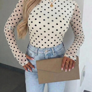 Women's Mesh Polka Dot Top Lined Sheer Long Sleeve Tee Crewneck Slim Fit Layering Under Base Top with Thumbholes