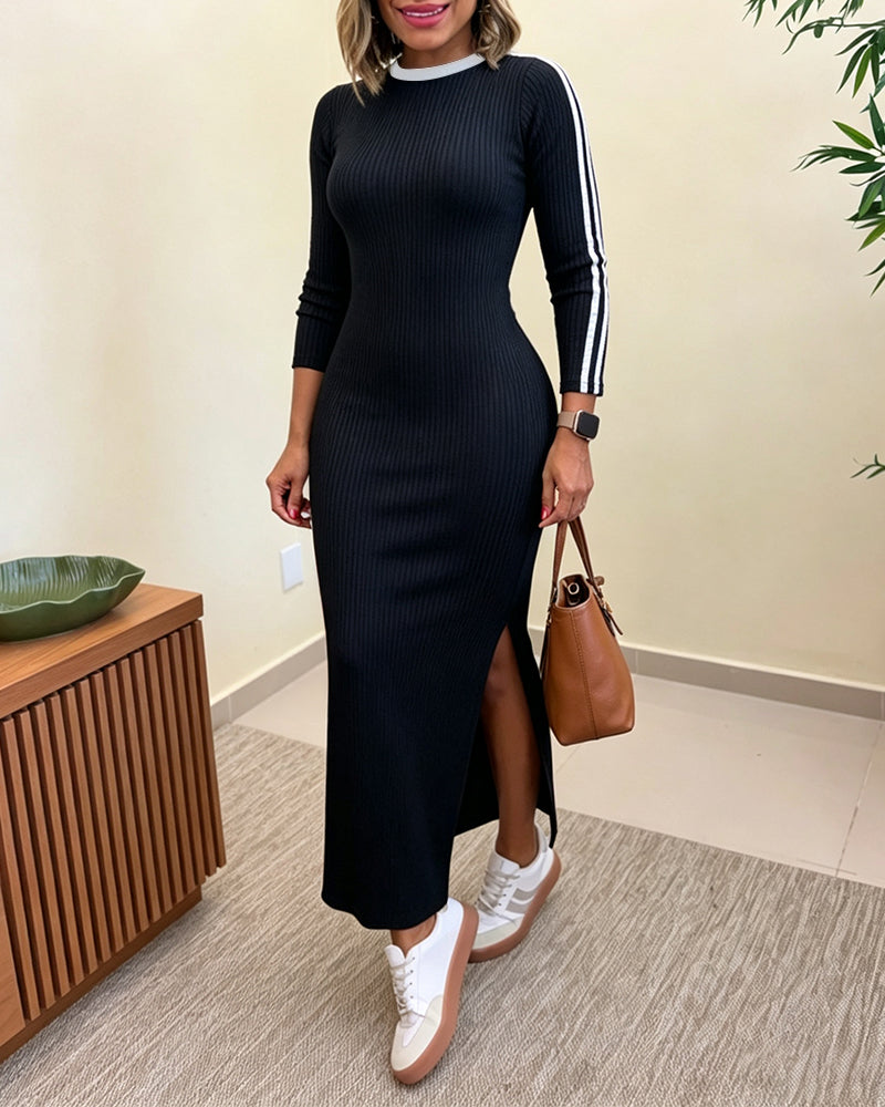Women's Contrast Side Striped Long Sleeve Ribbed Knit Bodycon Dress Side Slit Maxi Dress - Image 3