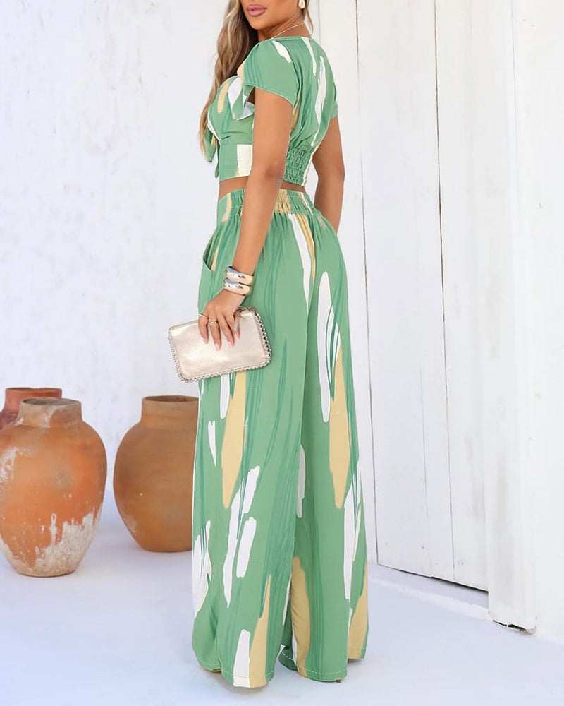 2 Pieces Outfit V Neck Petal Sleeve Tie Front Shirred Back Hem Crop Top and High Waist Elastic Back Waist Wide Leg Pants Set Casual Colorblock Abstract Print Set - Image 2