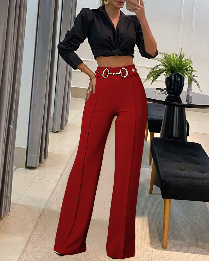 Metal Button Decor High Waist Casual Straight Leg Work Pants - Image 7