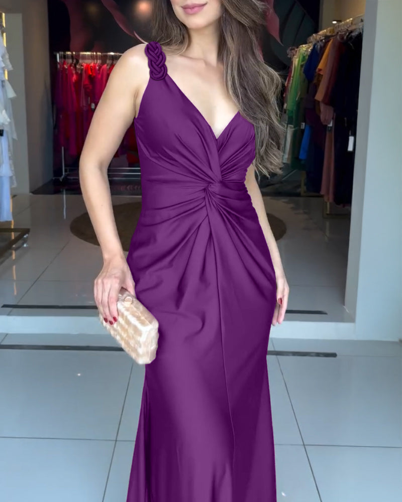 Deep V-Neck Braided Straps Twist Front Cinched Waist Evening Dress Casual Zipper Back Mermaid Hem Satin Maxi Dress - Image 6