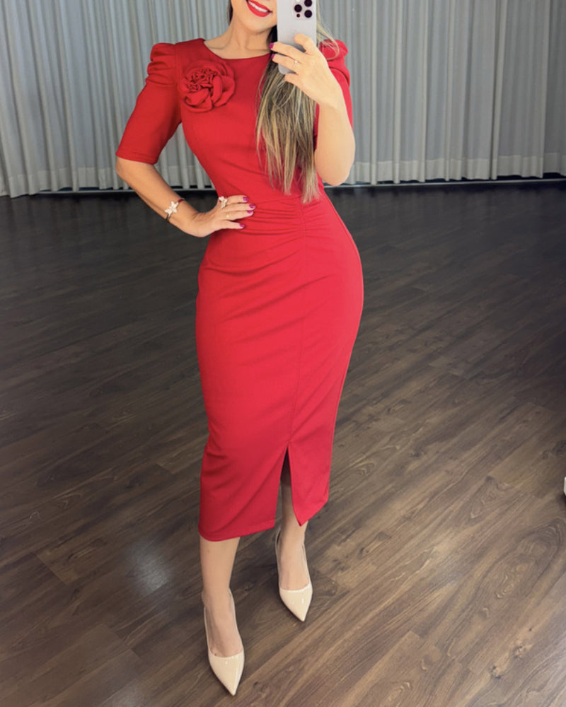 3D Flower Decor Round Neck Puff Sleeve Bodycon Dress Casual Ruched Slit Zipper Back Work Dress - Image 8