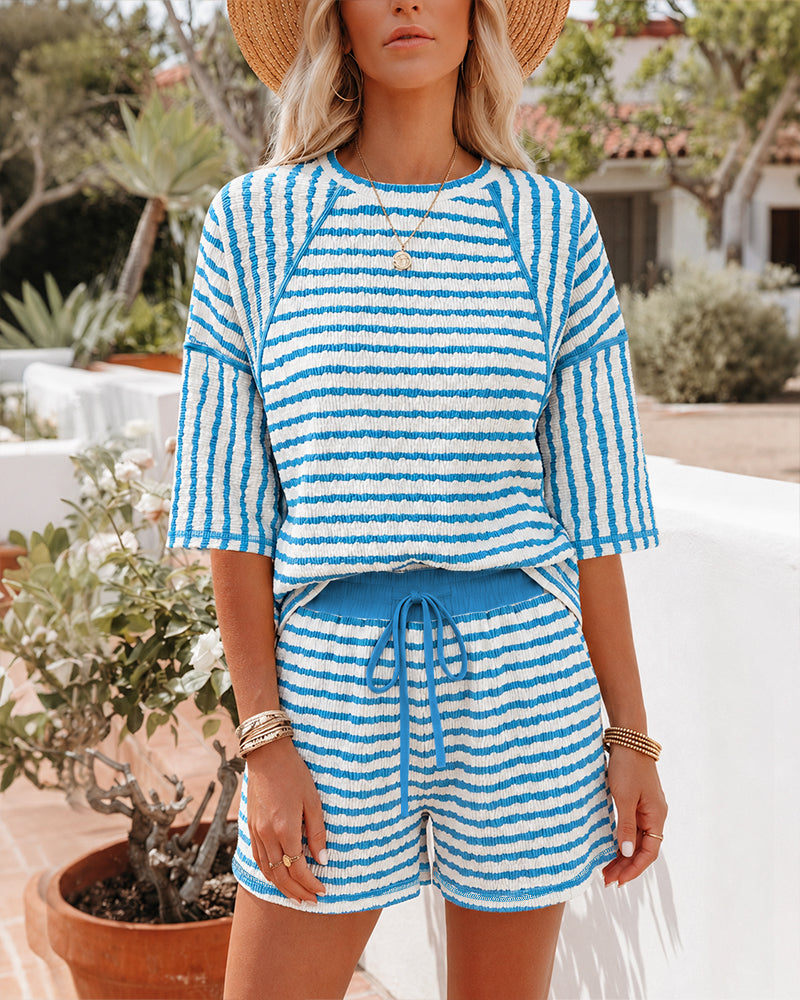 Women's Striped Textured 2 Piece Set Crewneck Raglan Half Sleeve Top and Elastic Drawstring Shorts Casual Loungewear - Image 5