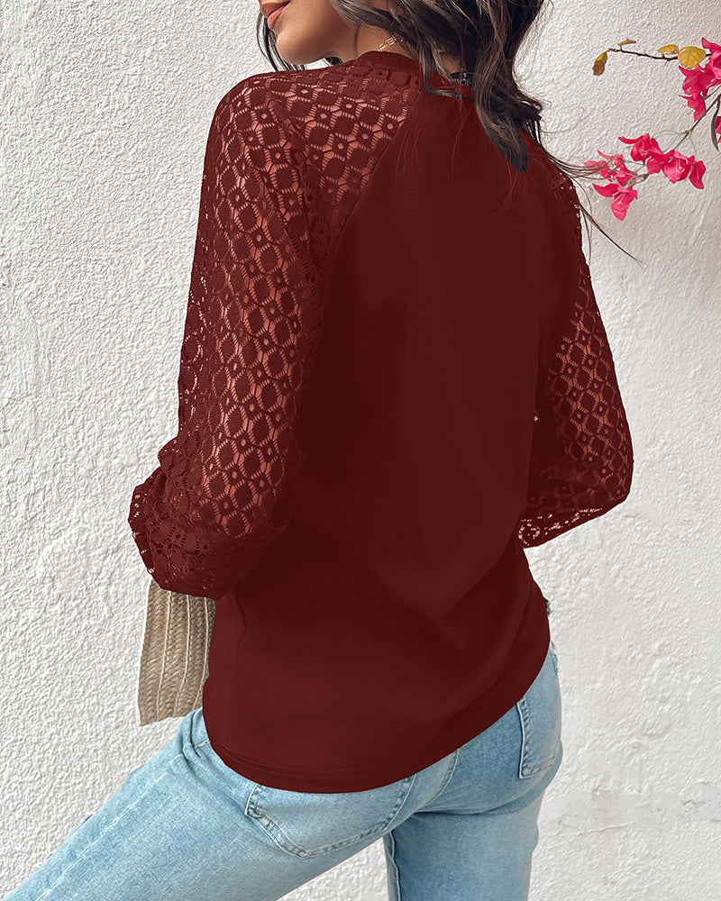 Contrast Lace Round Neck Lantern Sleeve Ruched Blouse Elegant Shirt - Image 7