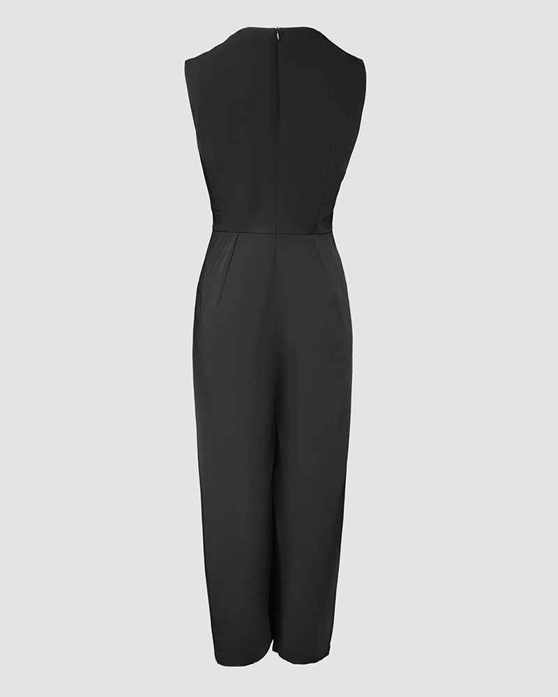 Plunge Sleeveless Button False Two Pieces Wide Leg Jumpsuit - Image 7
