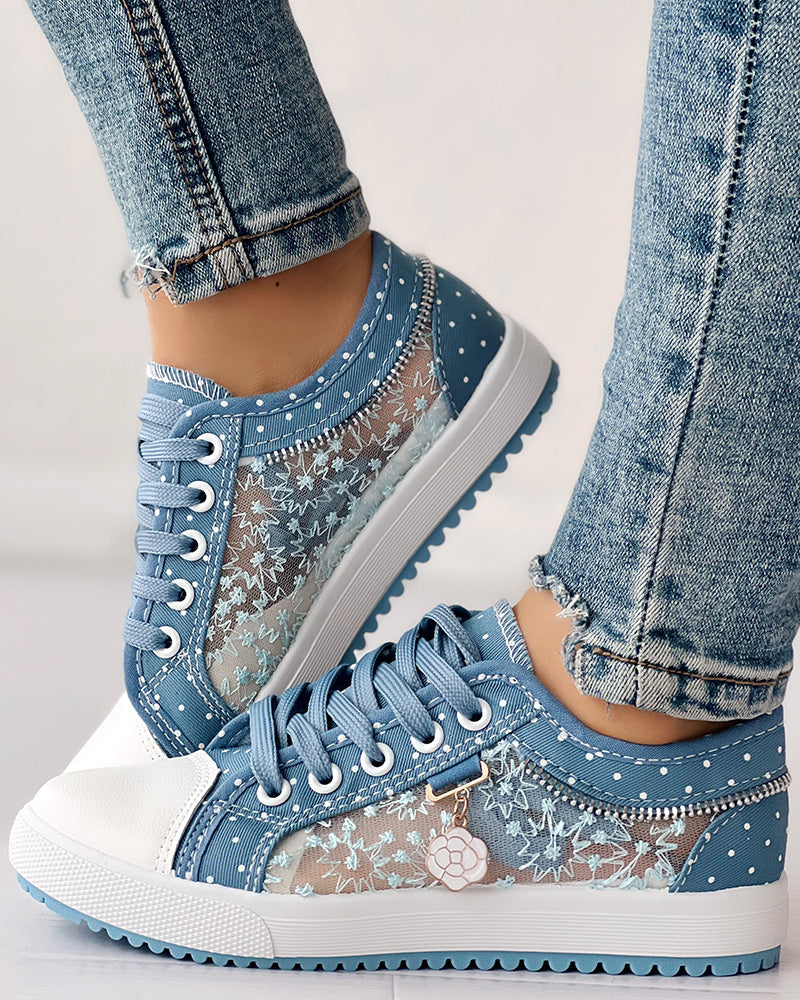 Floral Pattern Embroidery Dot Print Sneakers - Image 12