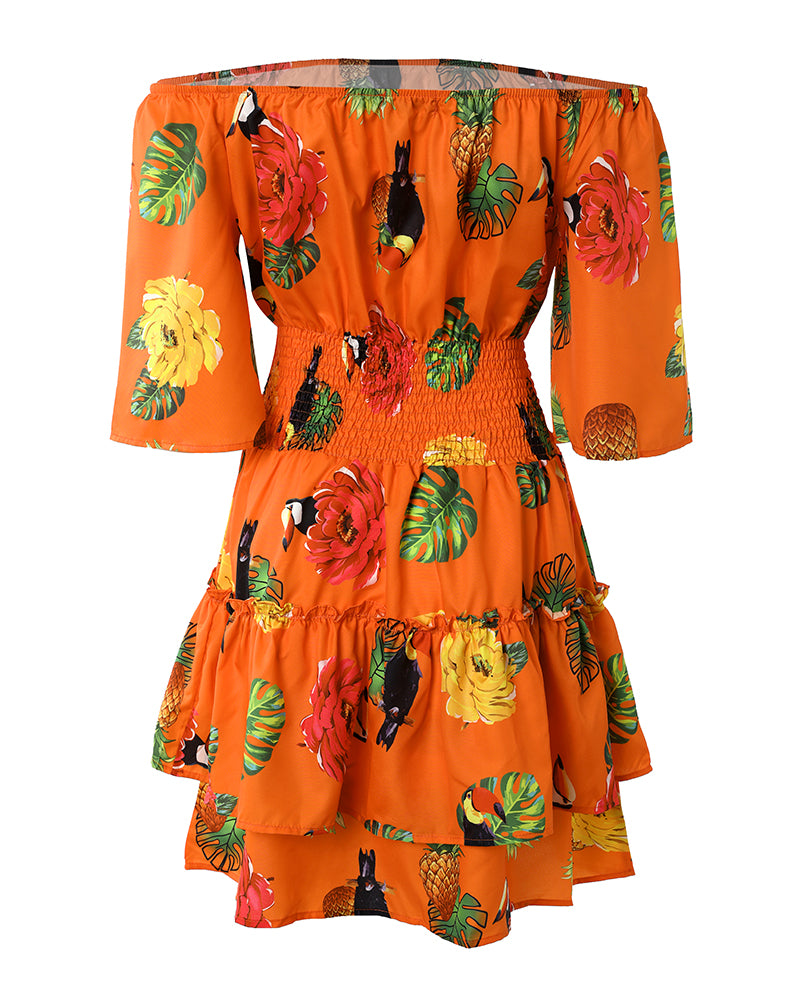 Women's Stretchy Off Shoulder Vacation Dress Tropical Fruit Floral Shirred Waist Ruffle Hem A Line Dress - Image 7