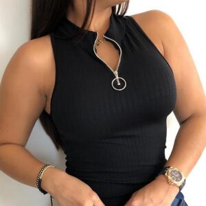 Ribbed O-Neck Slim Fit Zipper Thick Strap Mental O-ring Cinch Waist Tank Casual Top