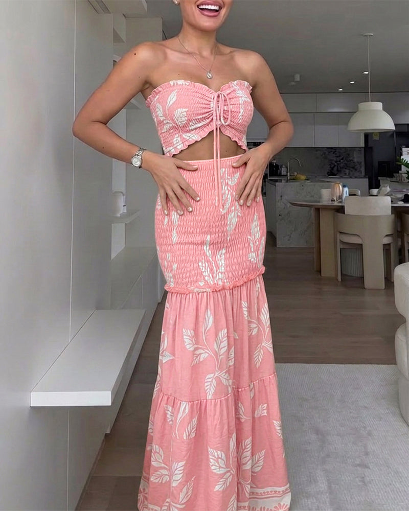 CHICME Women's Tropical Plants Bandeau Dress Sexy Drawstring Cutout Shirred Waist Mermaid Dress Ruffle Hem Vacation Maxi Dress - Image 5