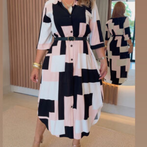 Women's Colorblock Geometric Shirt Dress Casual Three-Quarter Sleeves Asymmetrical Hem Commuting Dress with Belt