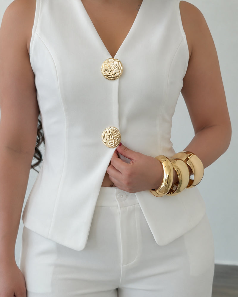 Women's 2 Piece Blazer Set Sleeveless V Neck Button Down Vest and High Waisted Straight Leg Pants Set Elegant Suit - Image 3