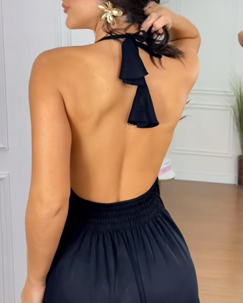 Halter Sleeveless Backless Maxi Dress Casual Shirred Back Side Slit Vacation Dress - Image 16