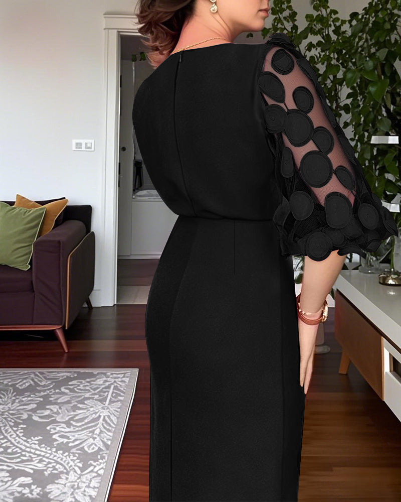 3D Polka Dot Appliques Mesh Lantern Sleeve Zipper Back Slit Work Dress Cinched Waist Slim Fit Mid Length Dress With Belt - Image 8