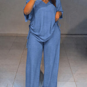 Women's Textured 2 Piece Outfits V Neck Drawstring Ruched Top and Wide Leg Pants Set Casual Loose Loungewear