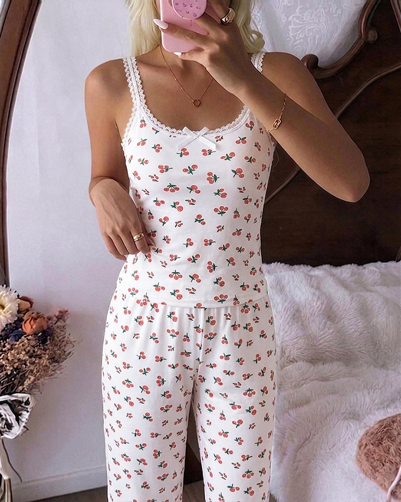 Women's Ditsy Floral Lace Trim Loungewear Set Slim Fit Cami Top and Straight Leg Pants Casual Pajamas Set - Image 6
