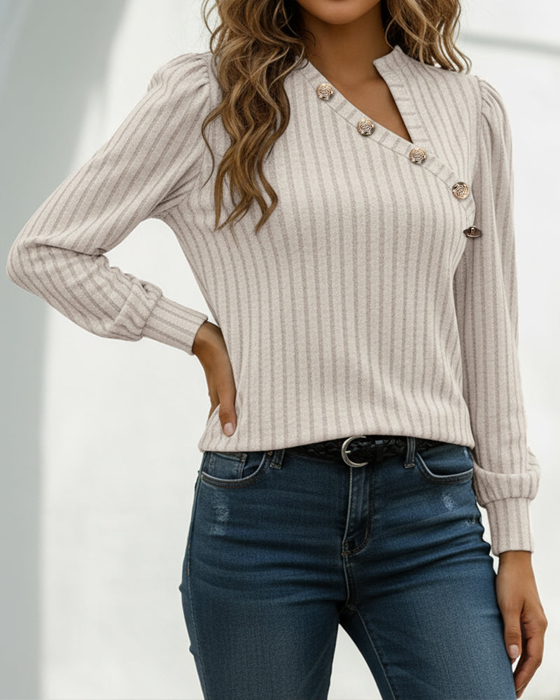 Button Decor Asymmetrical V-Neck Long Sleeve Ribbed Tee Casual Knit Brushed Top - Image 5