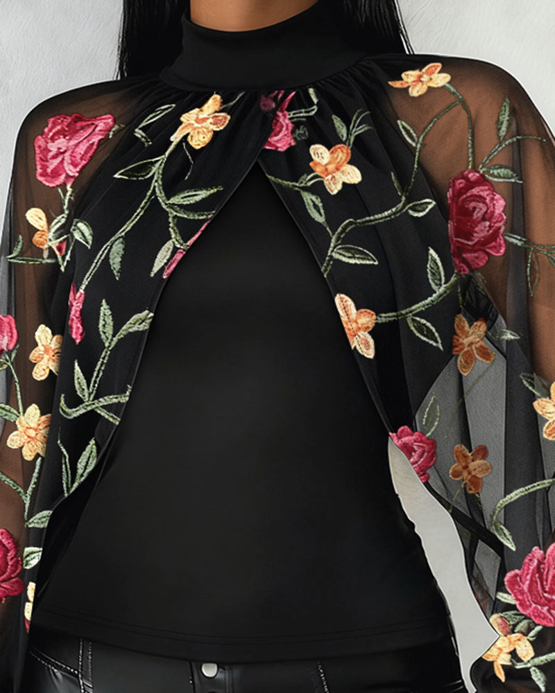 Mock Neck Floral Embroidery Cape-style Mesh Lantern Sleeve Spliced Blouse Ruched Hollow-out Back Slim Fit Top - Image 3